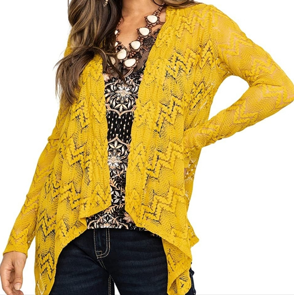 Large Rock&Roll Cowgirl yellow lace cardigan